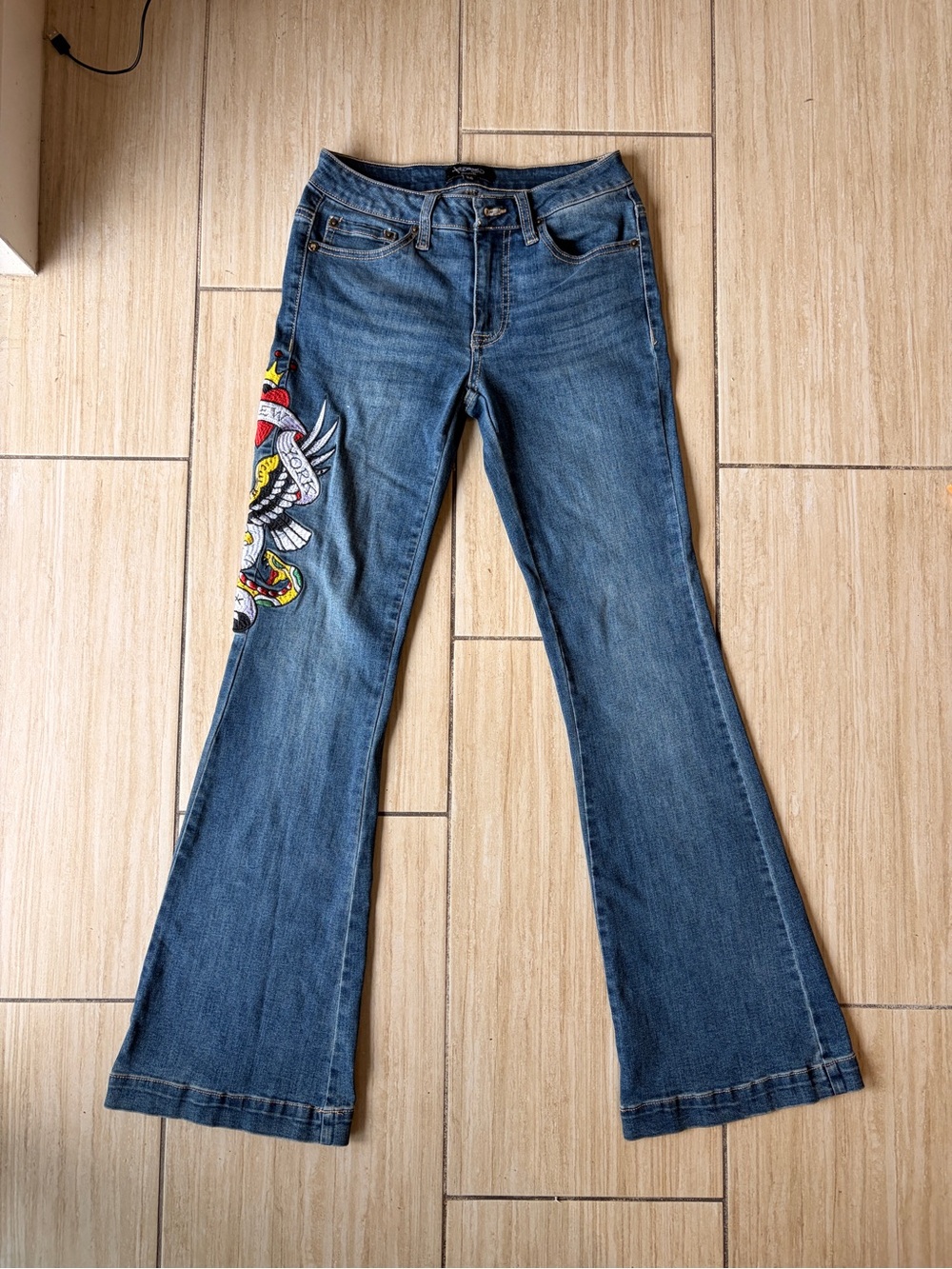 Ed Hardy Blue Flare Jeans with Colorful Side Embroidery